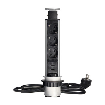 Gniazdo meblowe Ø6cm wysuwane z blatu z ładowarką USB, blokadą i przewodem 1,8m, 3x2P+Z (Schuko), srebrne