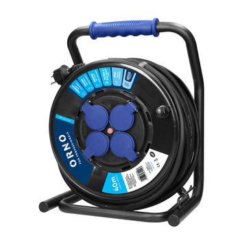 Przedłużacz bębnowy profesjonalny IP44, 4 gniazda 2P+Z, kabel gumowy olejoodporny, H07RN-F 3x2,5mm², długość 40m, unikatowy stojak CUBE, STAŁE GNIAZDA, termik, przesłony torów prądowych.