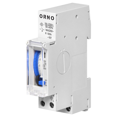 Mechaniczny programator czasowy 1 modułowy, 24 godziny, minimum 15 minut, 110-230 VAC, rezerwa 100 godzin