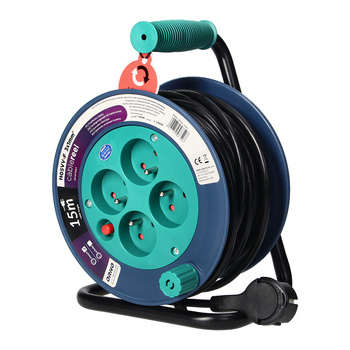 Przedłużacz bębnowy MINI, 4 gniazda 2P+Z, metalowy stojak, polwinit H05VV-F 3x1mm², długość 15m, turkusowy