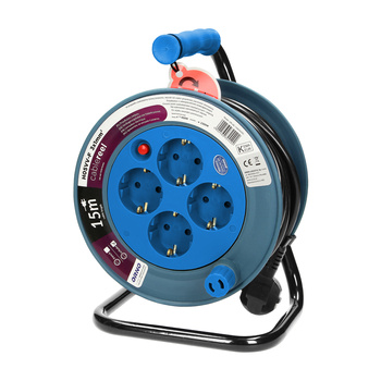 Przedłużacz bębnowy MINI, 4 gniazda 2P+Z, metalowy stojak, polwinit H05VV-F 3x1mm² , długość 15m, turkusowy, Schuko