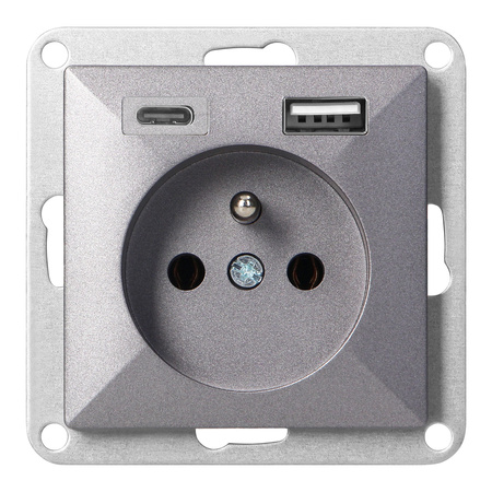 Gniazdo pojedyncze p/t 2P+Z z ładowarką USB A+C Pearl, 16A, 250V, PT-16P/USB, antracyt