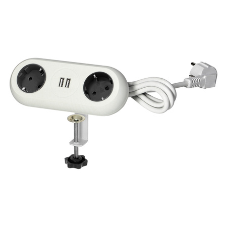Gniazdo meblowe z uchwytem montażowym, ładowarką USB, 2 gniazda 2P+Z (Schuko), 2xUSB, przewód 3x1,5mm² - 1,4m, białe