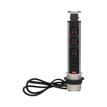 Gniazdo meblowe Ø6cm wysuwane z blatu z ładowarką USB, blokadą i przewodem 1,8m, 3x2P+Z