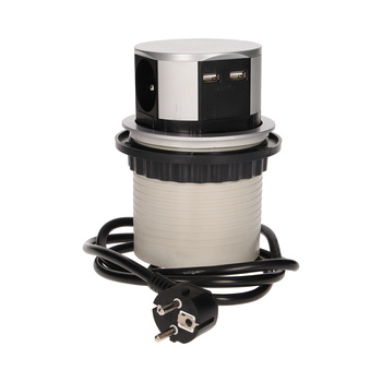 Gniazdo meblowe Ø10cm wysuwane z blatu z ładowarką USB i przewodem 1,5m, 3x2P+Z, 2xUSB