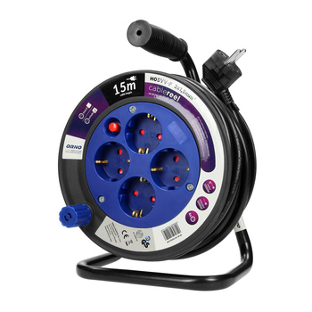 Przedłużacz bębnowy MINI, 4 gniazda 2P+Z (schuko), metalowy stojak, polwinit H05VV-F 3x1.5mm² - 15m