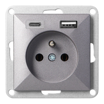 Gniazdo pojedyncze p/t 2P+Z z ładowarką USB A+C Pearl, 16A, 250V, PT-16P/USB, antracyt