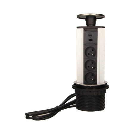 Gniazdo meblowe Ø10cm wysuwane z blatu z ładowarką USB i przewodem 1,8m, 3x2P+Z, 2xUSB, INOX