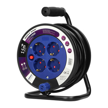 Przedłużacz bębnowy MINI, 4 gniazda 2P+Z (schuko), metalowy stojak, polwinit H05VV-F 3x1mm² - 15m