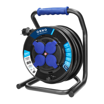 Przedłużacz bębnowy profesjonalny IP44, 4 gniazda 2P+Z, kabel gumowy olejoodporny, H07RN-F 3x2,5mm², długość 20m, unikatowy stojak CUBE, STAŁE GNIAZDA, termik, przesłony torów prądowych.