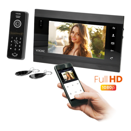 Zestaw wideo domofonowy VIFIS Full HD, bezsłuchawkowy, monitor 7" LCD,  menu OSD, kamera Full HD 1080P, z szyfratorem i czytnikiem kart i breloków oraz aplikacją mobilną, czarny