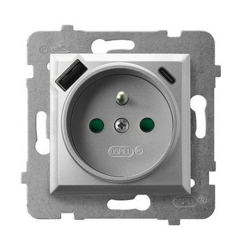 OSPEL ARIA GP-1UZPUSBAC/m/18 Gniazdo pojedyncze z uziemieniem z przesłonami torów prądowych, z ładowarką USB A+C