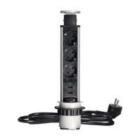 Gniazdo meblowe Ø6cm wysuwane z blatu z ładowarką USB, blokadą i przewodem 1,8m, 3x2P+Z (Schuko), srebrne