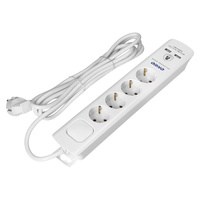 Listwa przeciwprzepięciowa, 4 gniazda 2P+Z (Schuko), kabel 3x1,0mm2, 3m, z wyłącznikiem podświetlanym dwutorowym. 16A/230 VAC, Ochronnik przeciwprzepięciowy Typ 3, Ładowarka 2xUSB 2,1A, biała
