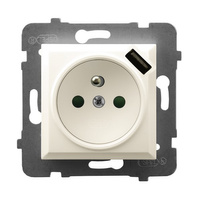 Ospel aria gp-1uzpusb/m/27 Gniazdo pojedyncze z uziemieniem z przesłonami torów prądowych, z ładowarką USB