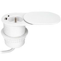 Gniazdo meblowe Ø6cm, wpuszczane w blat z przesuwną pokrywką, ładowarką USB i przewodem 1,9m, 1x2P+Z (French), 2xUSB (typ A+C; PD20W), białe