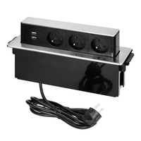 Gniazdo meblowe wysuwane z blatu z płaskim frezowanym rantem, ładowarką USB i przewodem 2m, 3 gniazda typ E, 2 x USB (2,4A), 3x1,5mm², czarno-srebrne, INOX